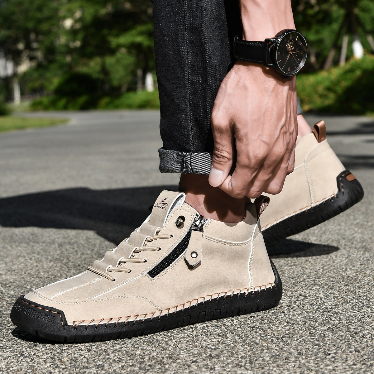 Męskie botki za kostkę z bocznym zamkiem i sznurowaniem-Footwear for men-Olave