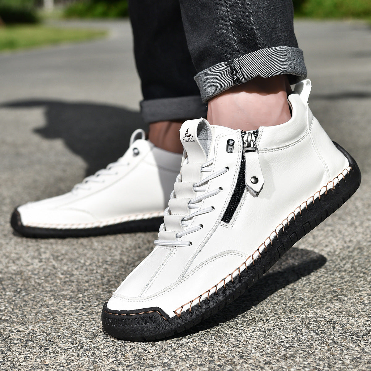 Męskie botki za kostkę z bocznym zamkiem i sznurowaniem-Footwear for men-Olave