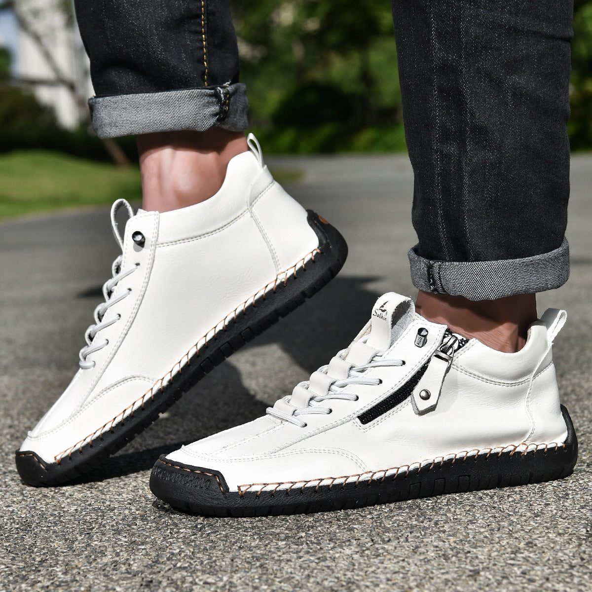 Męskie botki za kostkę z bocznym zamkiem i sznurowaniem-Footwear for men-Olave