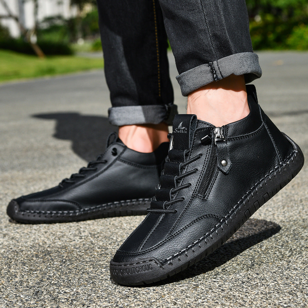 Męskie botki za kostkę z bocznym zamkiem i sznurowaniem-Footwear for men-Olave