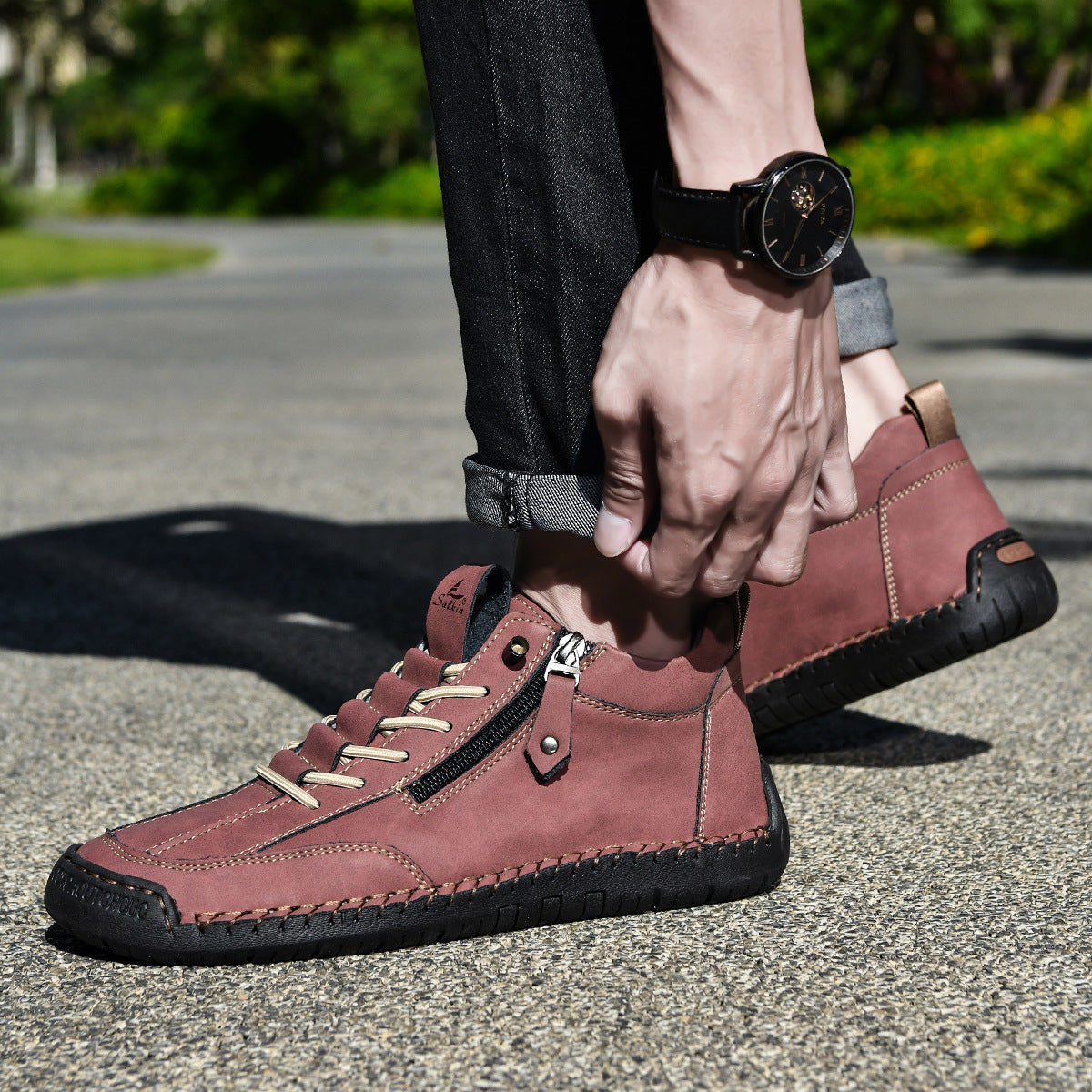 Męskie botki za kostkę z bocznym zamkiem i sznurowaniem-Footwear for men-Olave