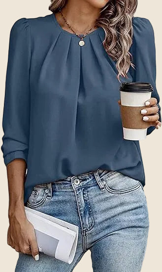 Damska bluzka z plisowanym okrągłym dekoltem-Blouses for women-Olave