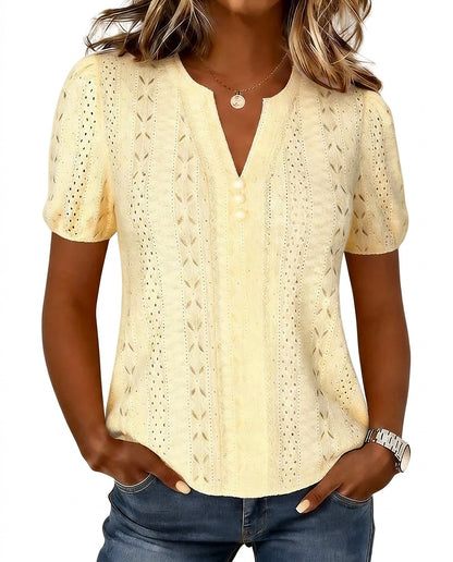 Damska dzianinowa bluzka z dekoltem w serek i bufiastymi rękawami-Blouse for women-Olave