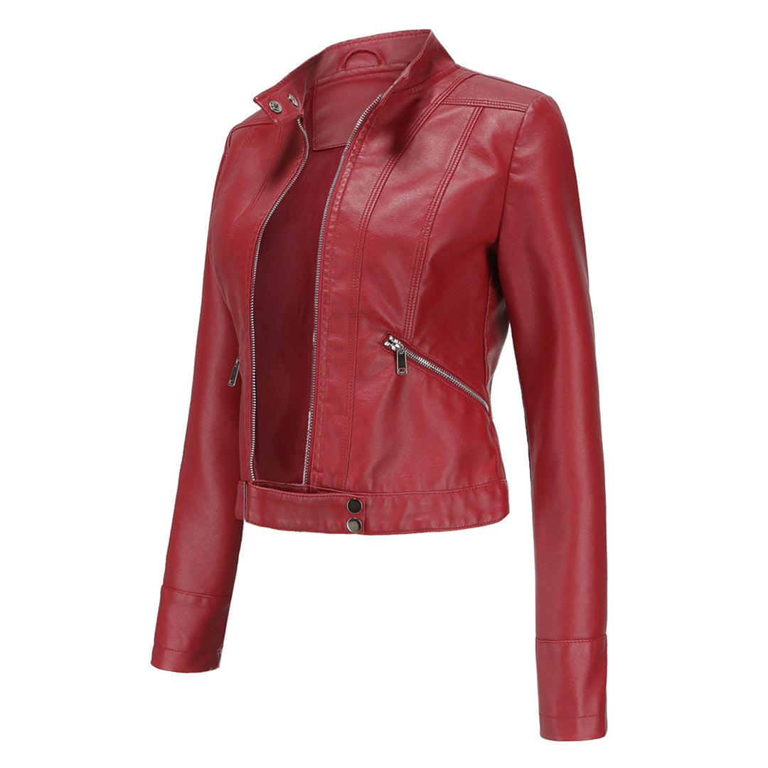 Damska kurtka typu biker ze stójką i zamkami błyskawicznymi-Jacket for women-Olave