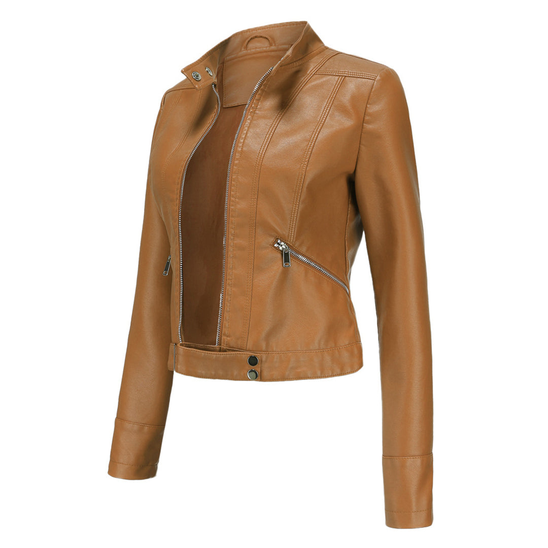 Damska kurtka typu biker ze stójką i zamkami błyskawicznymi-Jacket for women-Olave