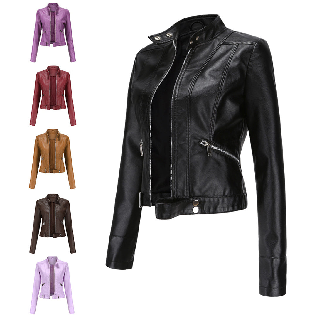 Damska kurtka typu biker ze stójką i zamkami błyskawicznymi-Jacket for women-Olave