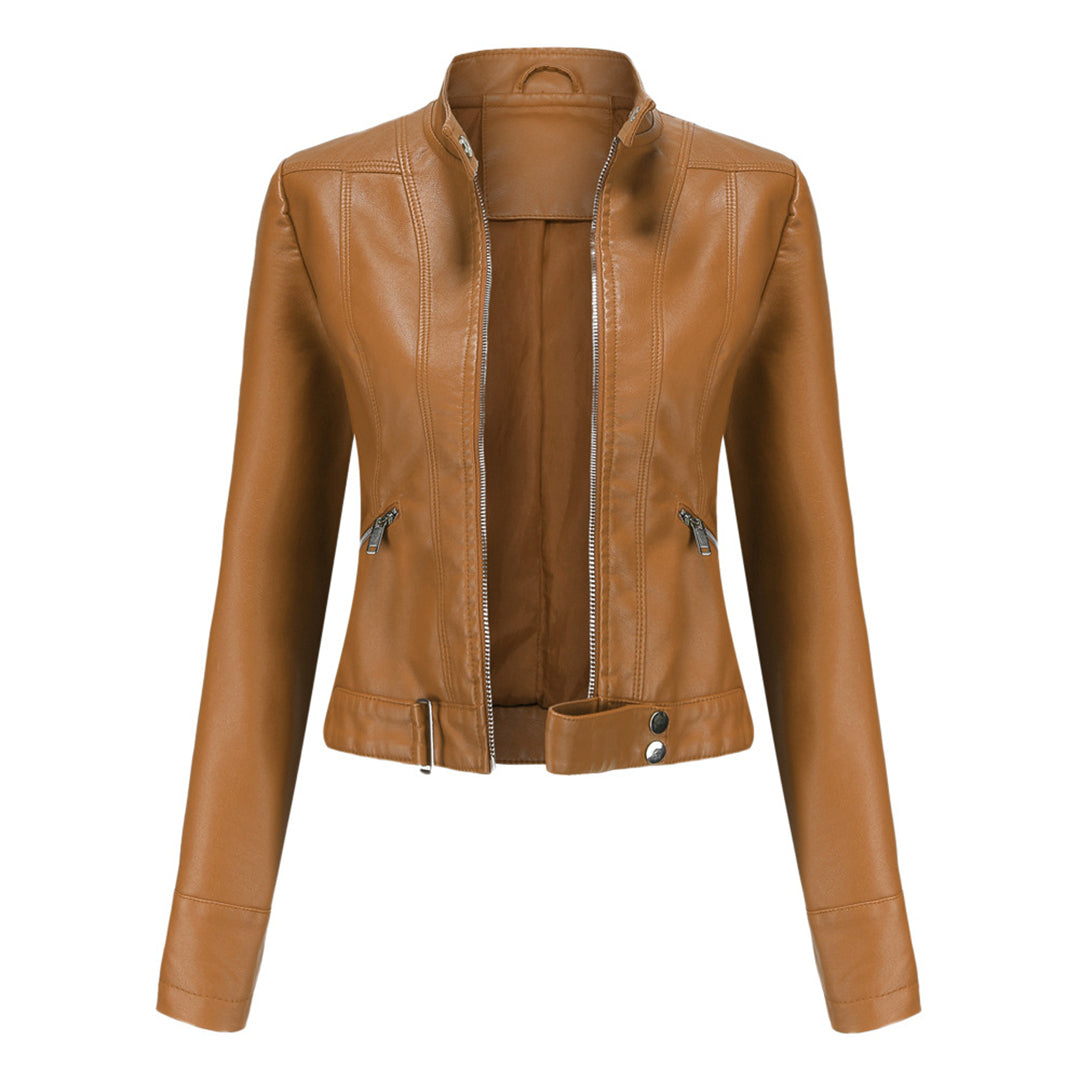 Damska kurtka typu biker ze stójką i zamkami błyskawicznymi-Jacket for women-Olave