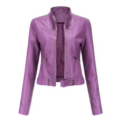 Damska kurtka typu biker ze stójką i zamkami błyskawicznymi-Jacket for women-Olave