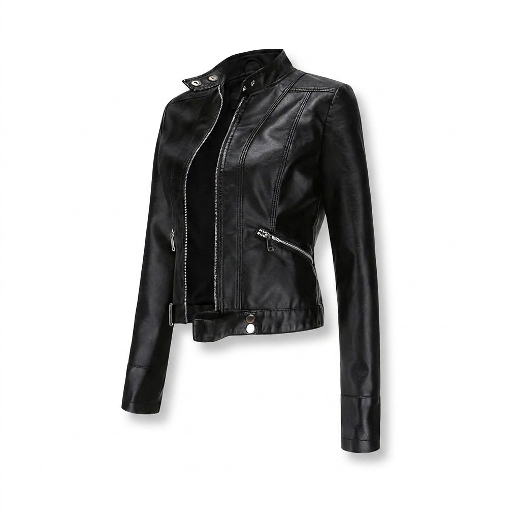 Damska kurtka typu biker ze stójką i zamkami błyskawicznymi-Jacket for women-Olave