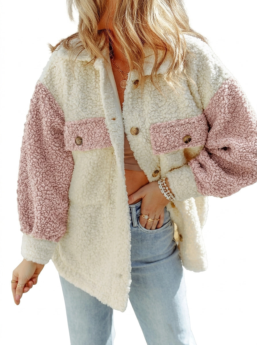 Damska kurtka typu sherpa oversize zapinana na guziki-Jacket for women-Olave