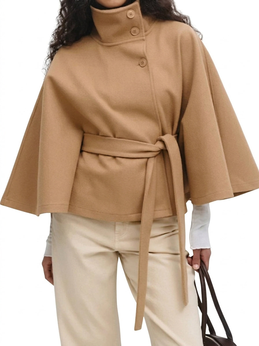 Damska peleryna ze stójką i wiązanym paskiem-Jacket for women-Olave