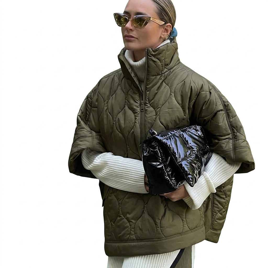 Damska pikowana kurtka typu peleryna ze stójką-Jacket for women-Olave