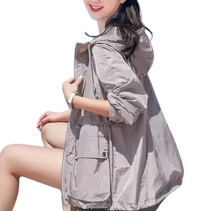 Damska półprzezroczysta kurtka z kapturem i zamkiem błyskawicznym-Jacket for women-Olave