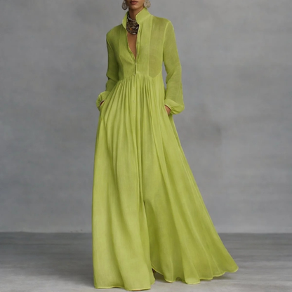 Damska sukienka koszulowa maxi z długim rękawem-Maxi Dress-Olave