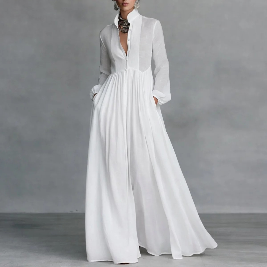 Damska sukienka koszulowa maxi z długim rękawem-Maxi Dress-Olave
