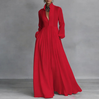 Damska sukienka koszulowa maxi z długim rękawem-Maxi Dress-Olave