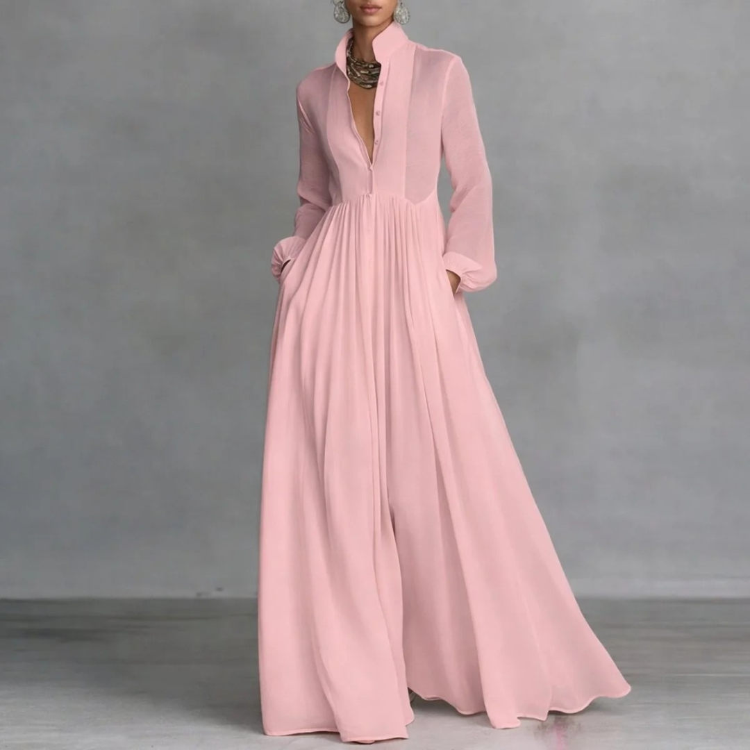 Damska sukienka koszulowa maxi z długim rękawem-Maxi Dress-Olave