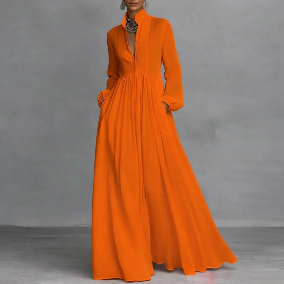 Damska sukienka koszulowa maxi z długim rękawem-Maxi Dress-Olave