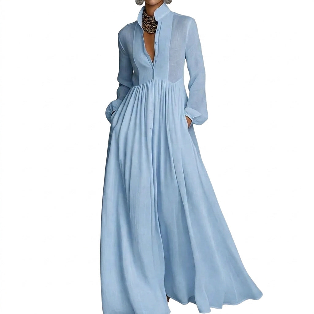 Damska sukienka koszulowa maxi z długim rękawem-Maxi Dress-Olave