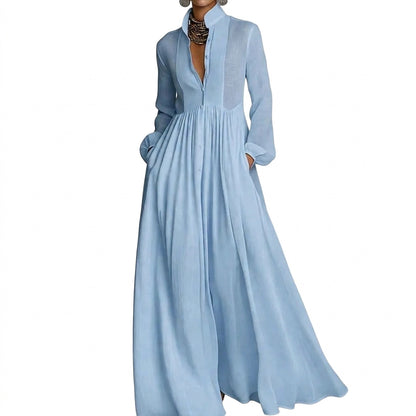 Damska sukienka koszulowa maxi z długim rękawem-Maxi Dress-Olave