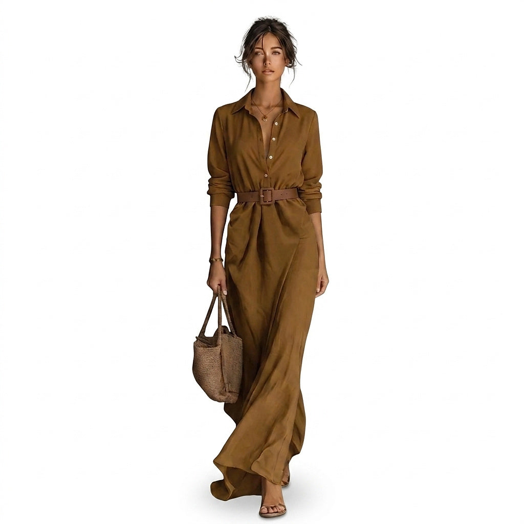 Damska sukienka koszulowa maxi zapinana na guziki z paskiem-Maxi Dress-Olave