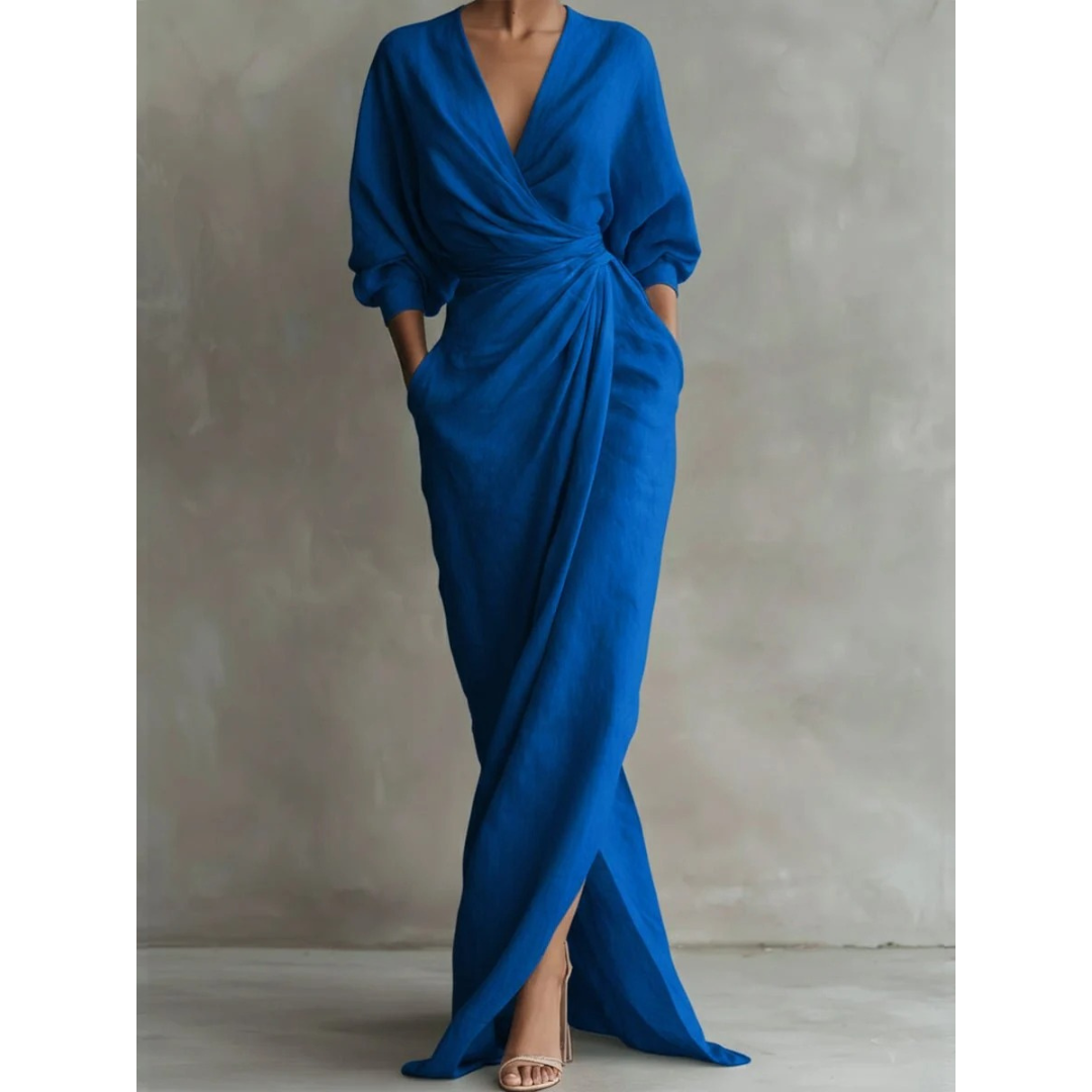 Damska sukienka maxi z długim rękawem i dekoltem w serek-Maxi Dress-Olave