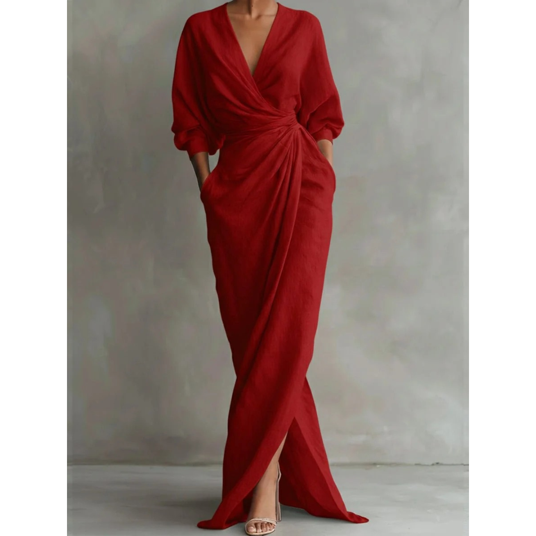 Damska sukienka maxi z długim rękawem i dekoltem w serek-Maxi Dress-Olave