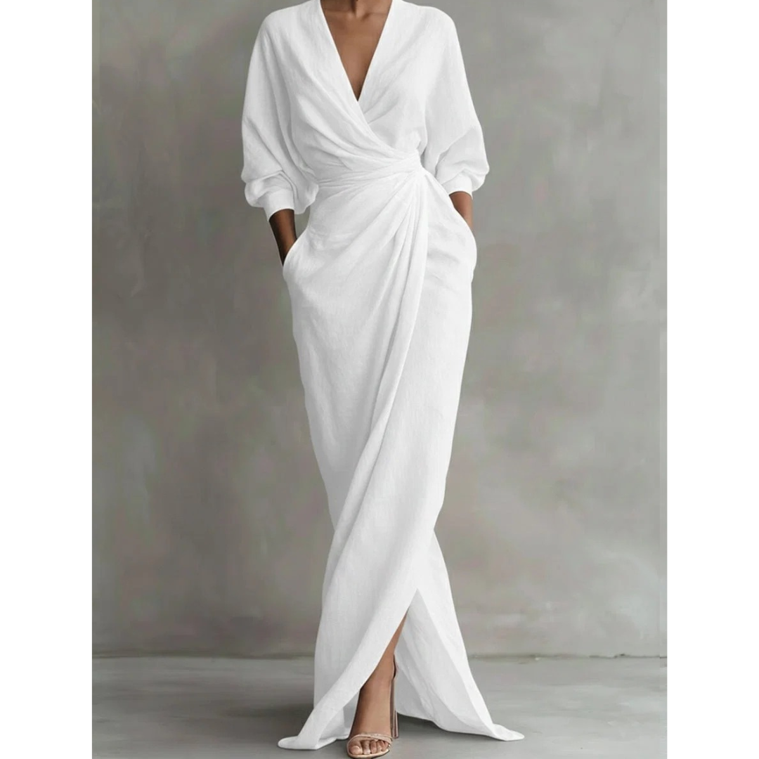 Damska sukienka maxi z długim rękawem i dekoltem w serek-Maxi Dress-Olave