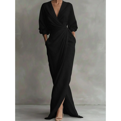 Damska sukienka maxi z długim rękawem i dekoltem w serek-Maxi Dress-Olave