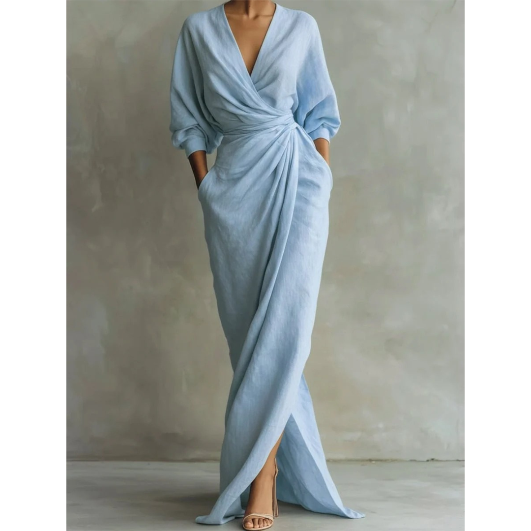 Damska sukienka maxi z długim rękawem i dekoltem w serek-Maxi Dress-Olave