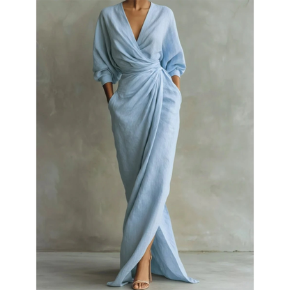 Damska sukienka maxi z długim rękawem i dekoltem w serek-Maxi Dress-Olave