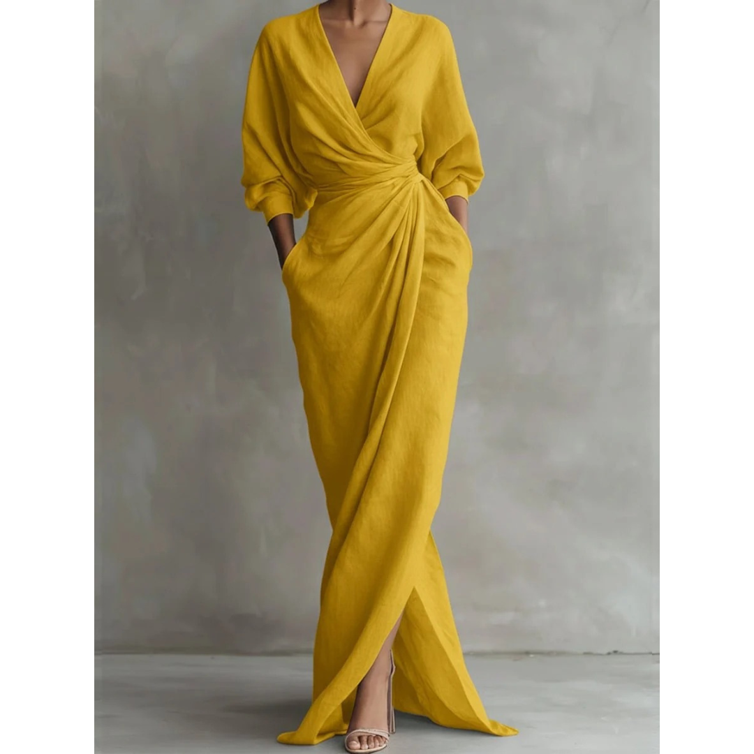 Damska sukienka maxi z długim rękawem i dekoltem w serek-Maxi Dress-Olave