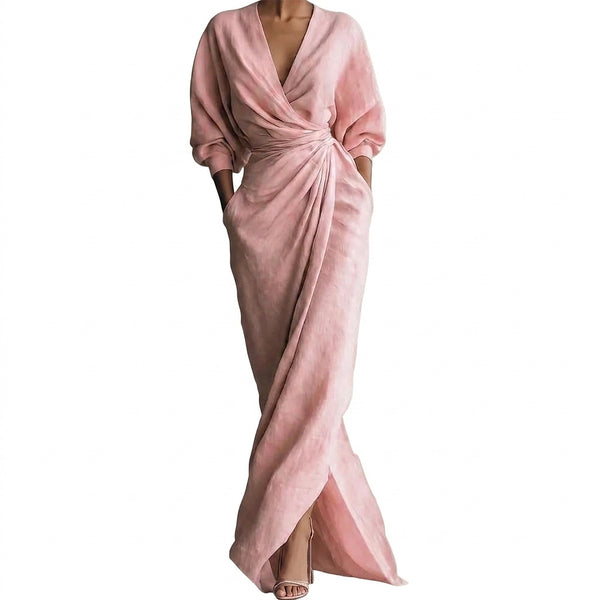 Damska sukienka maxi z długim rękawem i dekoltem w serek-Maxi Dress-Olave