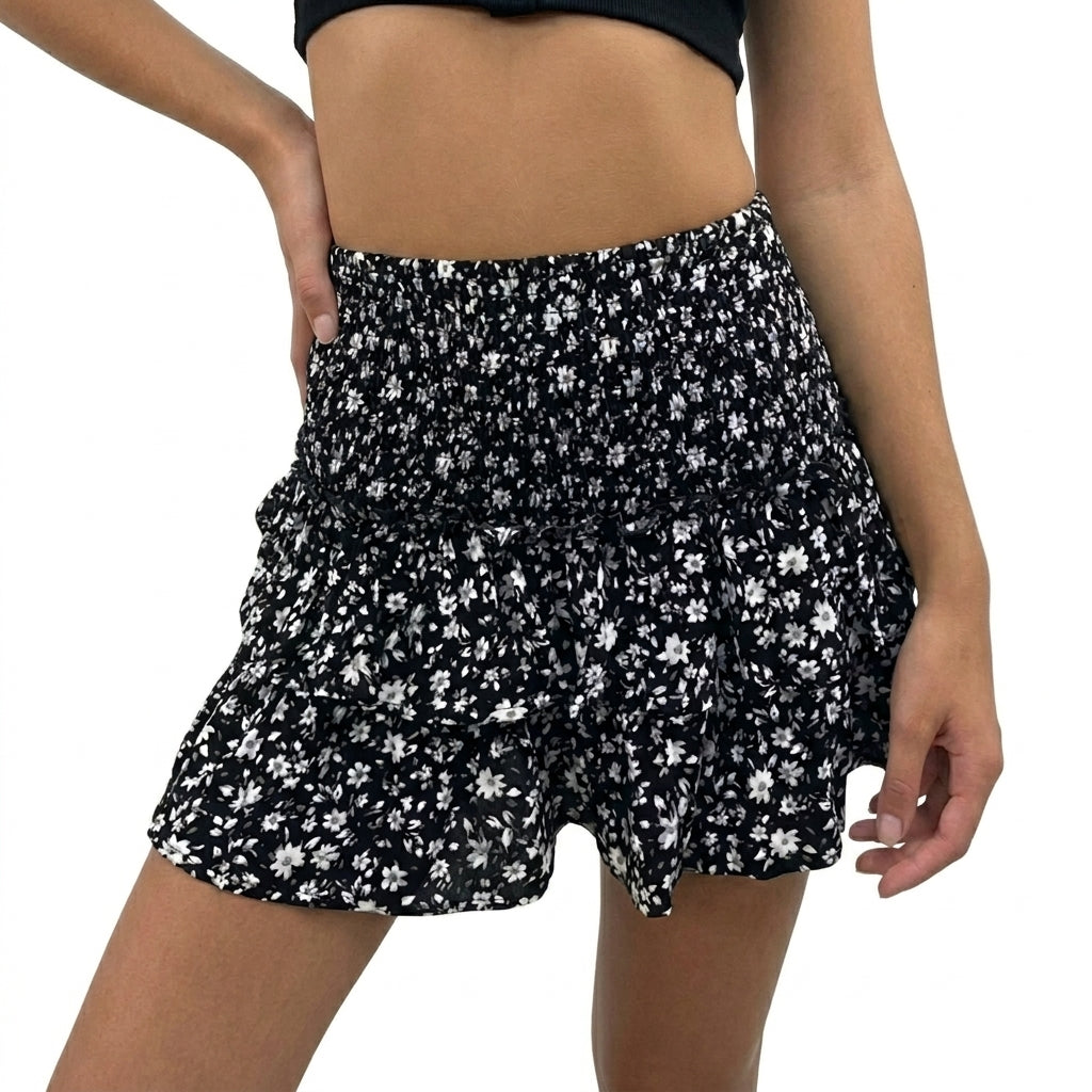 Damska warstwowa mini spódniczka z elastycznym pasem i wzorem-Skirt for women-Olave