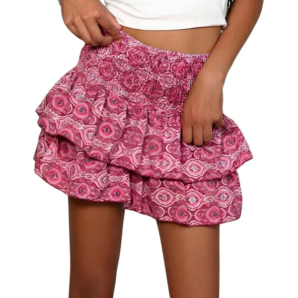 Damska warstwowa mini spódniczka z elastycznym pasem i wzorem-Skirt for women-Olave