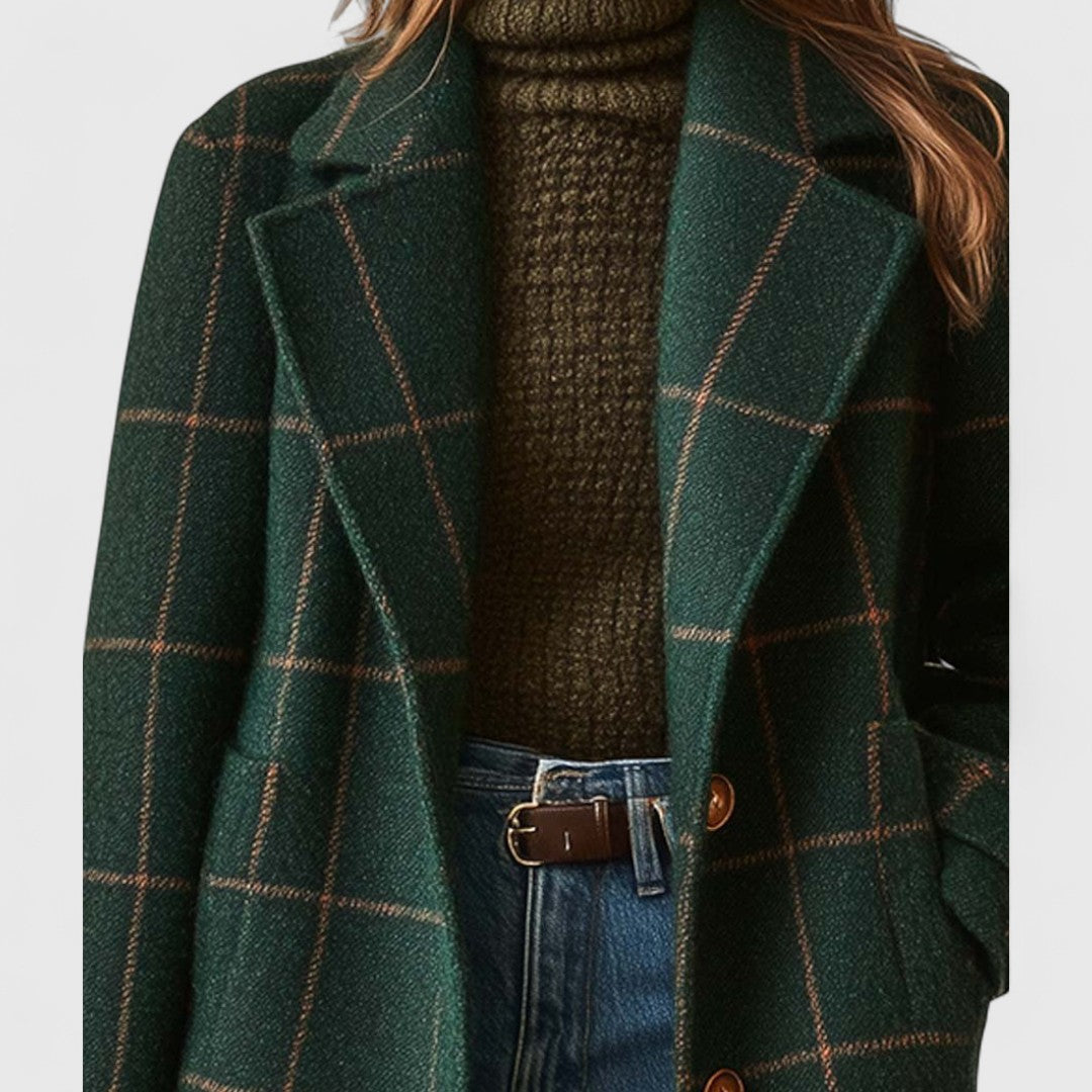 Damski długi płaszcz w kratę-Coats for women-Olave