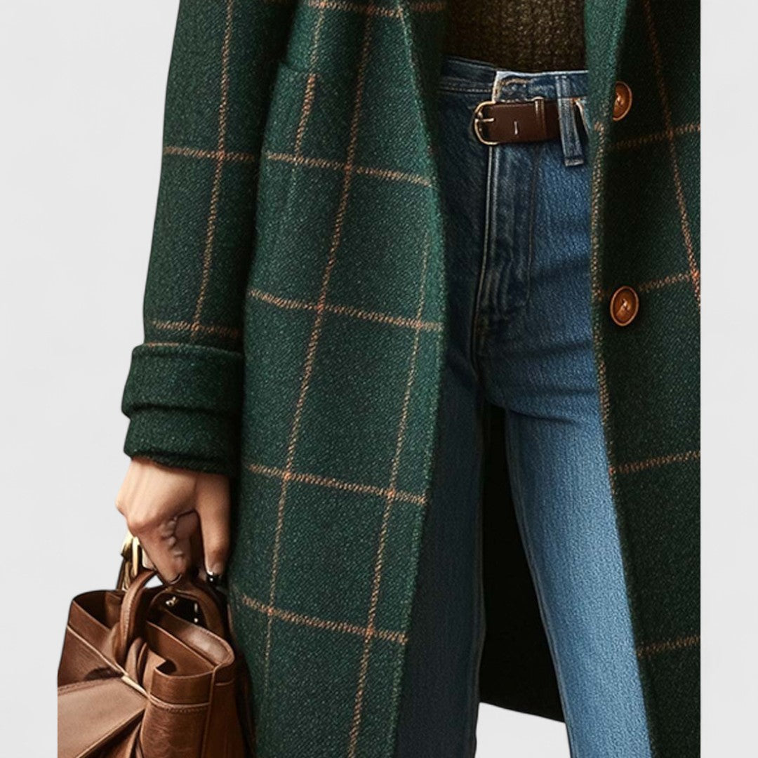 Damski długi płaszcz w kratę-Coats for women-Olave