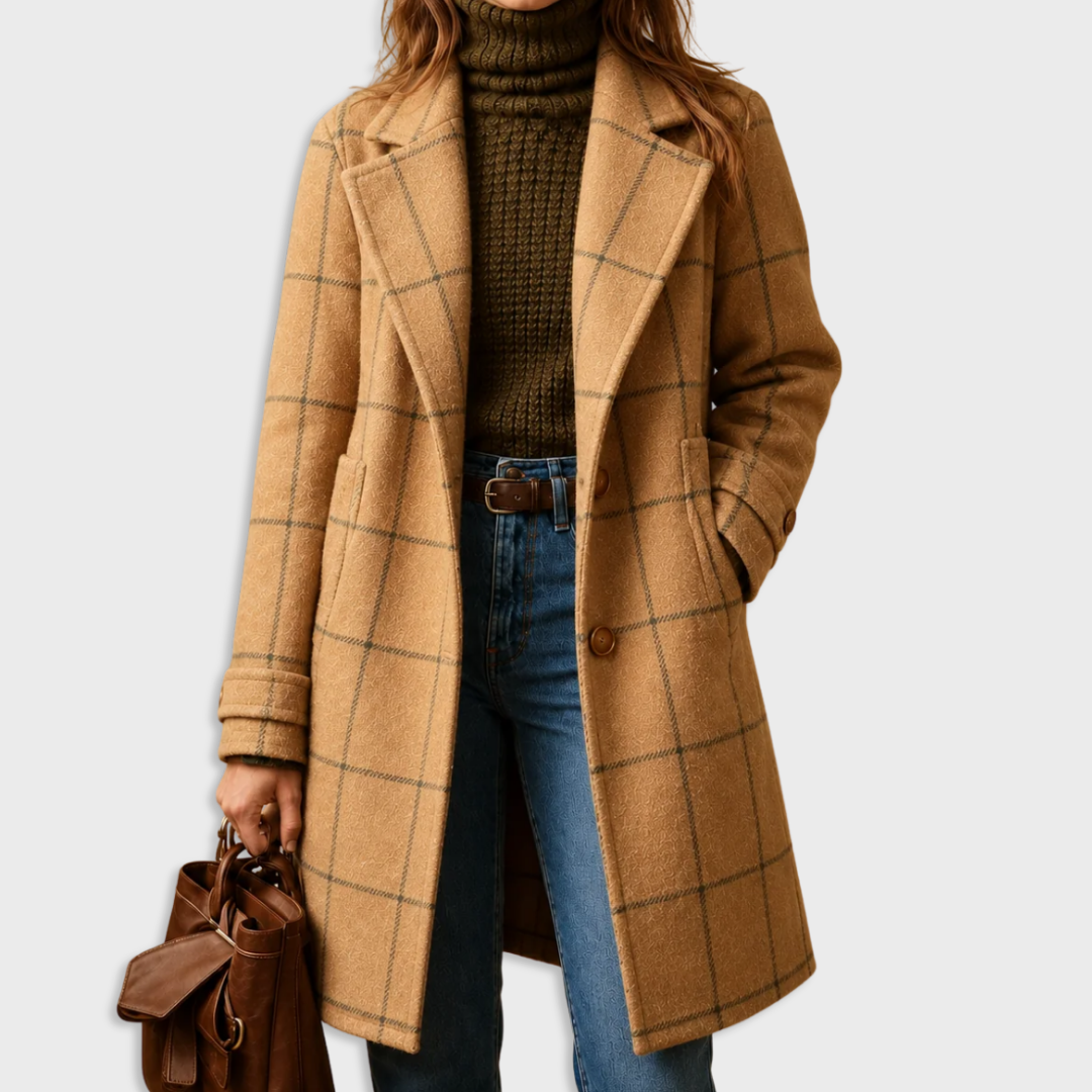 Damski długi płaszcz w kratę-Coats for women-Olave
