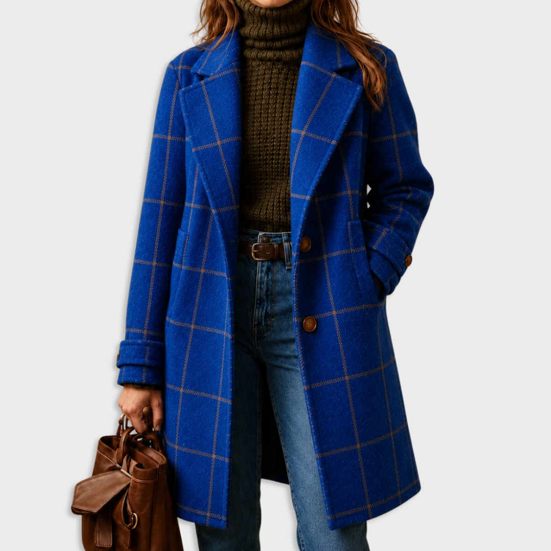 Damski długi płaszcz w kratę-Coats for women-Olave