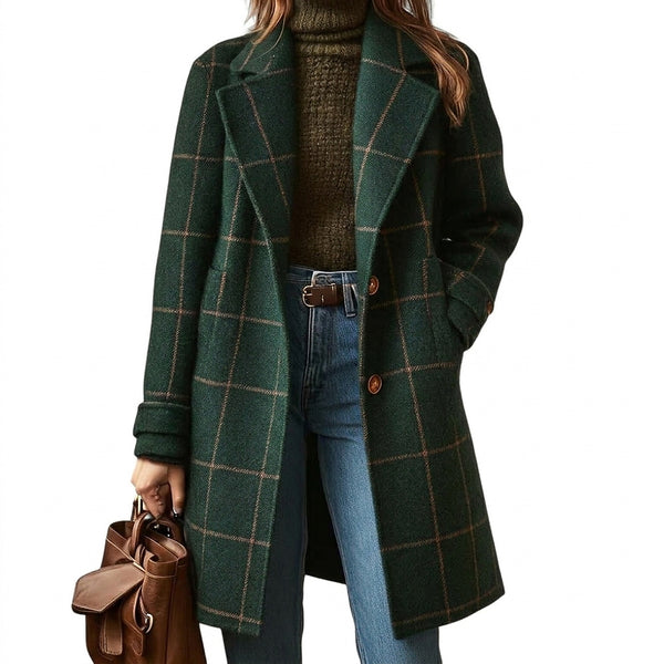 Damski długi płaszcz w kratę-Coats for women-Olave