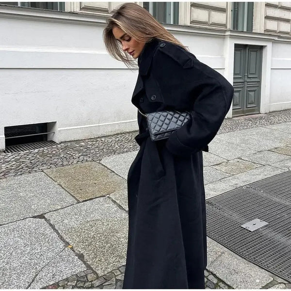 Damski długi trencz z paskami przy mankietach-Coats for women-Olave
