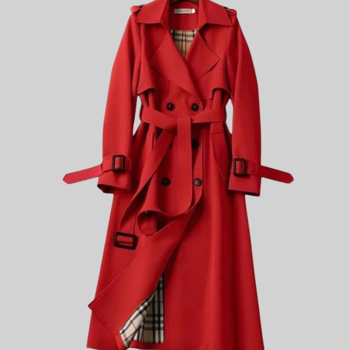 Damski długi trencz z paskiem i podszewką w kratę-Coats for women-Olave