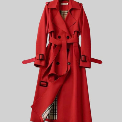 Damski długi trencz z paskiem i podszewką w kratę-Coats for women-Olave