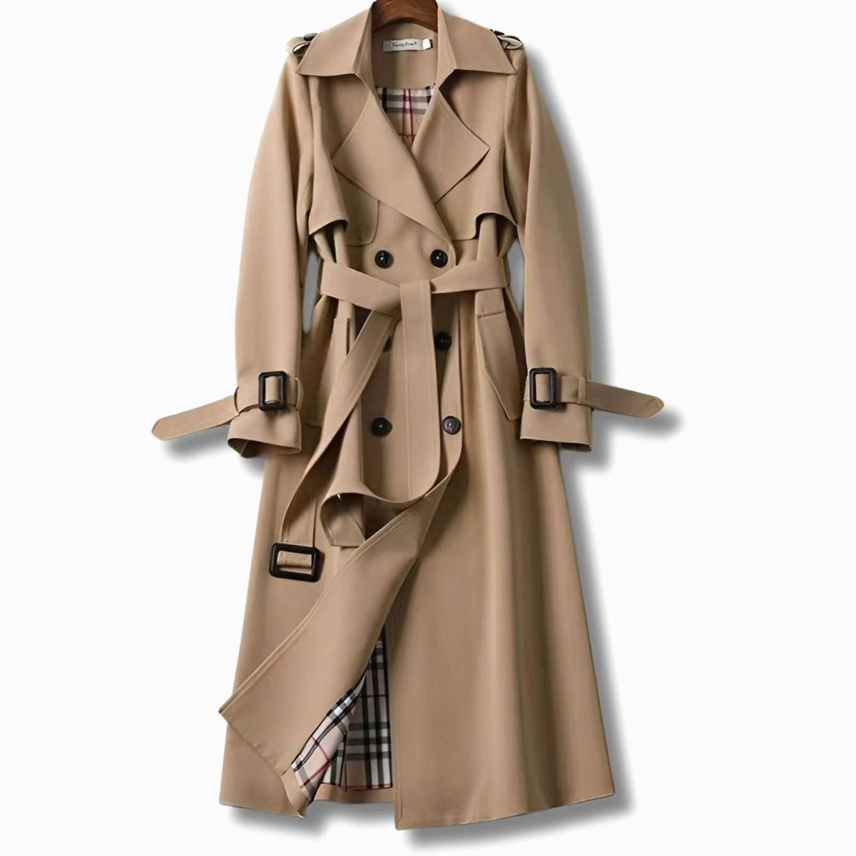 Damski długi trencz z paskiem i podszewką w kratę-Coats for women-Olave