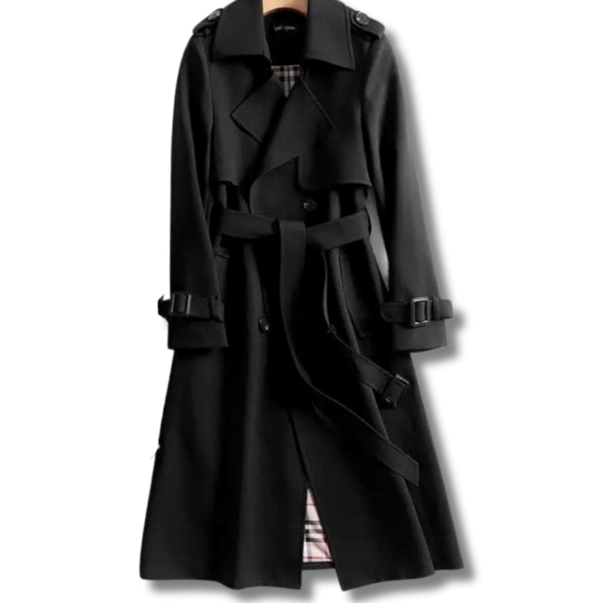 Damski długi trencz z paskiem i podszewką w kratę-Coats for women-Olave