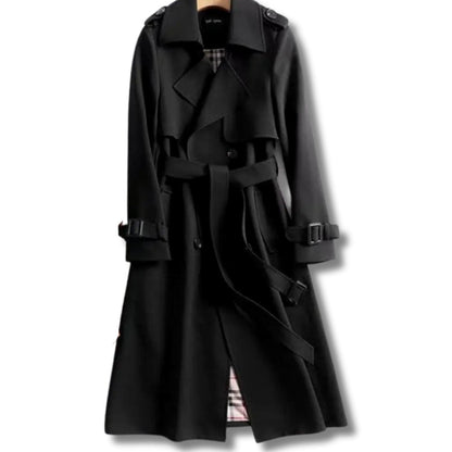 Damski długi trencz z paskiem i podszewką w kratę-Coats for women-Olave