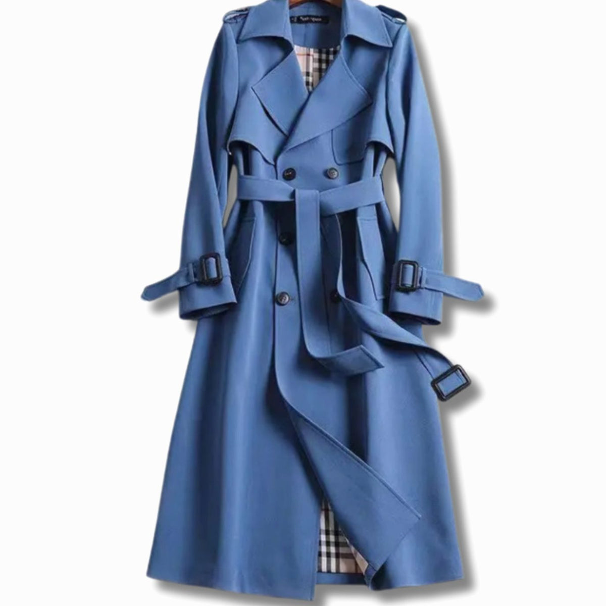 Damski długi trencz z paskiem i podszewką w kratę-Coats for women-Olave