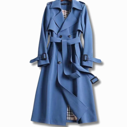 Damski długi trencz z paskiem i podszewką w kratę-Coats for women-Olave