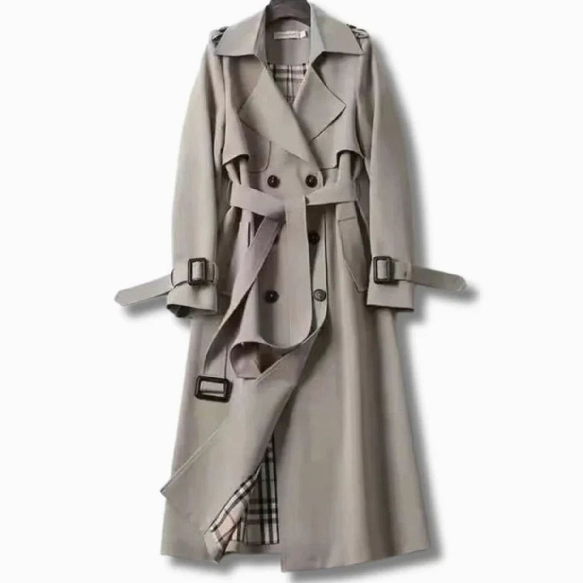 Damski długi trencz z paskiem i podszewką w kratę-Coats for women-Olave
