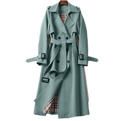 Damski długi trencz z paskiem i podszewką w kratę-Coats for women-Olave
